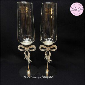 2 Silver Bow Rhinestone Bling Champagne Glass Flute